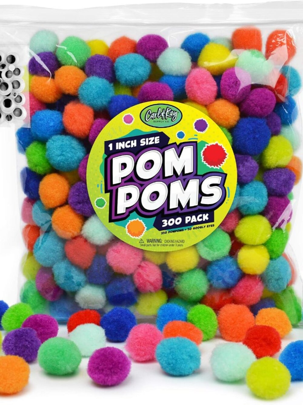 Carl & Kay [300 Pcs] 250 1 Inch Pom Poms & 50 Googly Eyes - Craft Pom Pom Balls